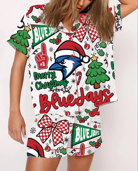 Women's Toronto Blue Jays Baseball Merry Christmas Pajama Set, Xmas Santa Sleepwear Blue Jays, Santa Bow Pajamas Set For Family