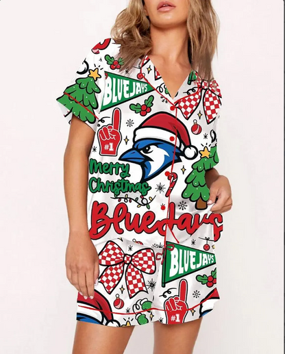 Women's Toronto Blue Jays Baseball Merry Christmas Pajama Set, Xmas Santa Sleepwear Blue Jays, Santa Bow Pajamas Set For Family