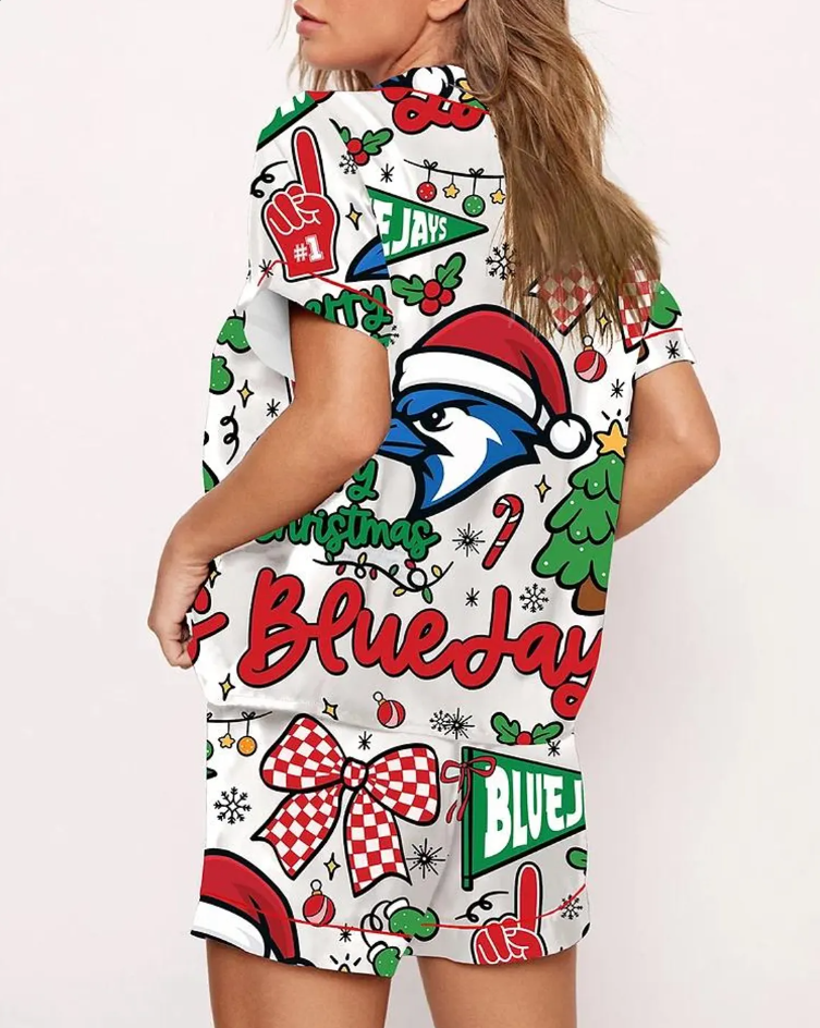 Women's Toronto Blue Jays Baseball Merry Christmas Pajama Set, Xmas Santa Sleepwear Blue Jays, Santa Bow Pajamas Set For Family