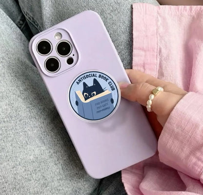 Antisocial Book Club Magnetic Phone Grip: Cute Cat Reader Phone Stand for Book Lovers, Funny Bookish Phone Holder, Gift for Cat Lovers