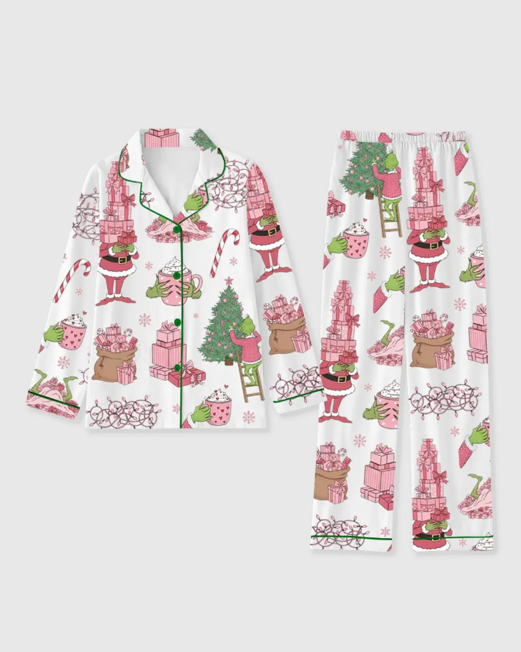 Pink Grinch Christmas Pajama Set, Satin Merry Xmas Sleepwear, Cute Grinch Cozy Holiday PJs, Funny Xmas Gift for Her, Pajamas Family