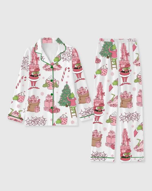Pink Grinch Christmas Pajama Set, Satin Merry Xmas Sleepwear, Cute Grinch Cozy Holiday PJs, Funny Xmas Gift for Her, Pajamas Family