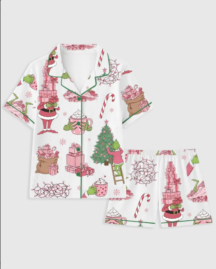 Pink Grinch Christmas Pajama Set, Satin Merry Xmas Sleepwear, Cute Grinch Cozy Holiday PJs, Funny Xmas Gift for Her, Pajamas Family