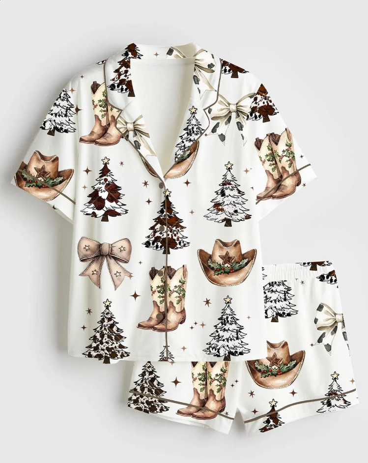 Coquette Western Christmas Pajama Set, Women’s Satin Cowboy Boots & Hat PJs, Y2k Holiday Sleepwear Gift, Pajama Cowgirl