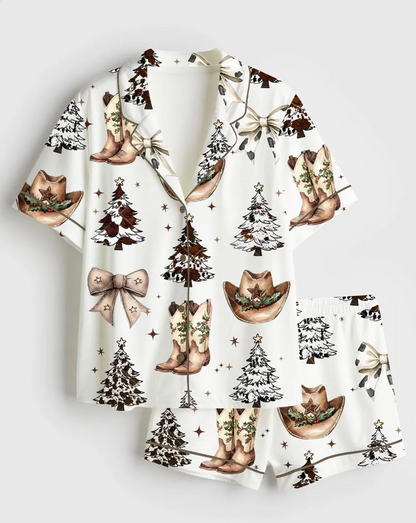 Coquette Western Christmas Pajama Set, Women’s Satin Cowboy Boots & Hat PJs, Y2k Holiday Sleepwear Gift, Pajama Cowgirl