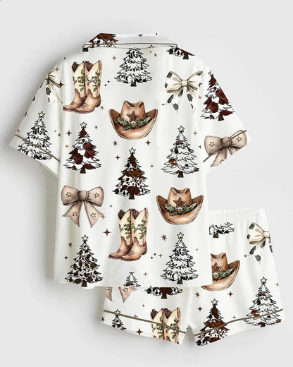 Coquette Western Christmas Pajama Set, Women’s Satin Cowboy Boots & Hat PJs, Y2k Holiday Sleepwear Gift, Pajama Cowgirl