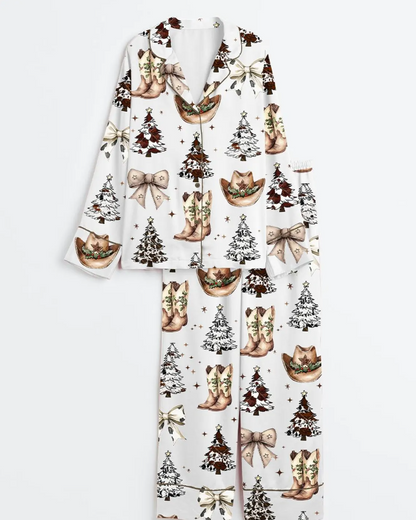 Coquette Western Christmas Pajama Set, Women’s Satin Cowboy Boots & Hat PJs, Y2k Holiday Sleepwear Gift, Pajama Cowgirl