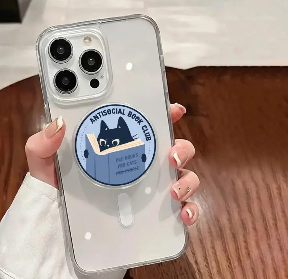 Antisocial Book Club Magnetic Phone Grip: Cute Cat Reader Phone Stand for Book Lovers, Funny Bookish Phone Holder, Gift for Cat Lovers