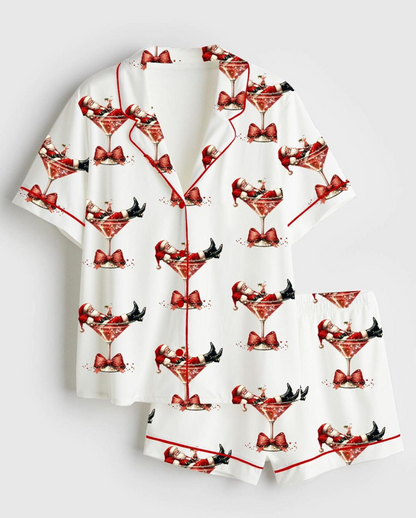 Women’s Santa's Hot Mess Christmas Martini Santa Claus Holiday Party Short Sleeve Satin Pajama Set, Pajama Noel, Pajama For Women's
