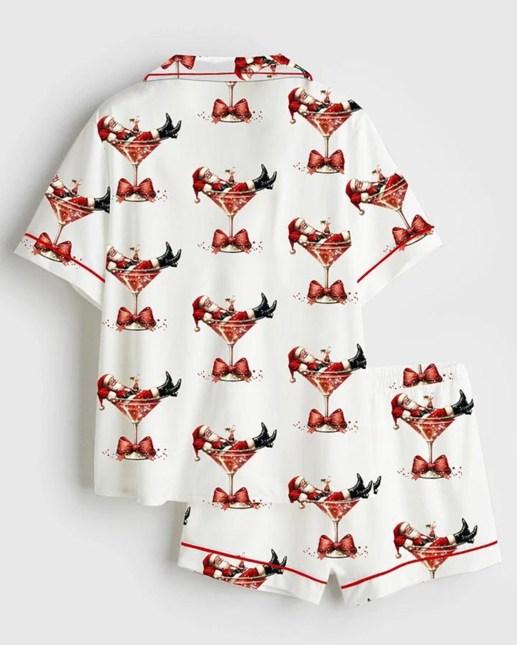 Women’s Santa's Hot Mess Christmas Martini Santa Claus Holiday Party Short Sleeve Satin Pajama Set, Pajama Noel, Pajama For Women's