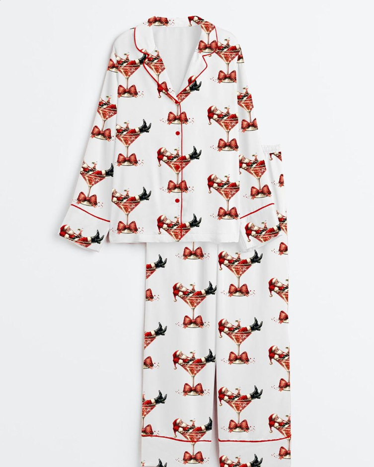 Women’s Santa's Hot Mess Christmas Martini Santa Claus Holiday Party Short Sleeve Satin Pajama Set, Pajama Noel, Pajama For Women's