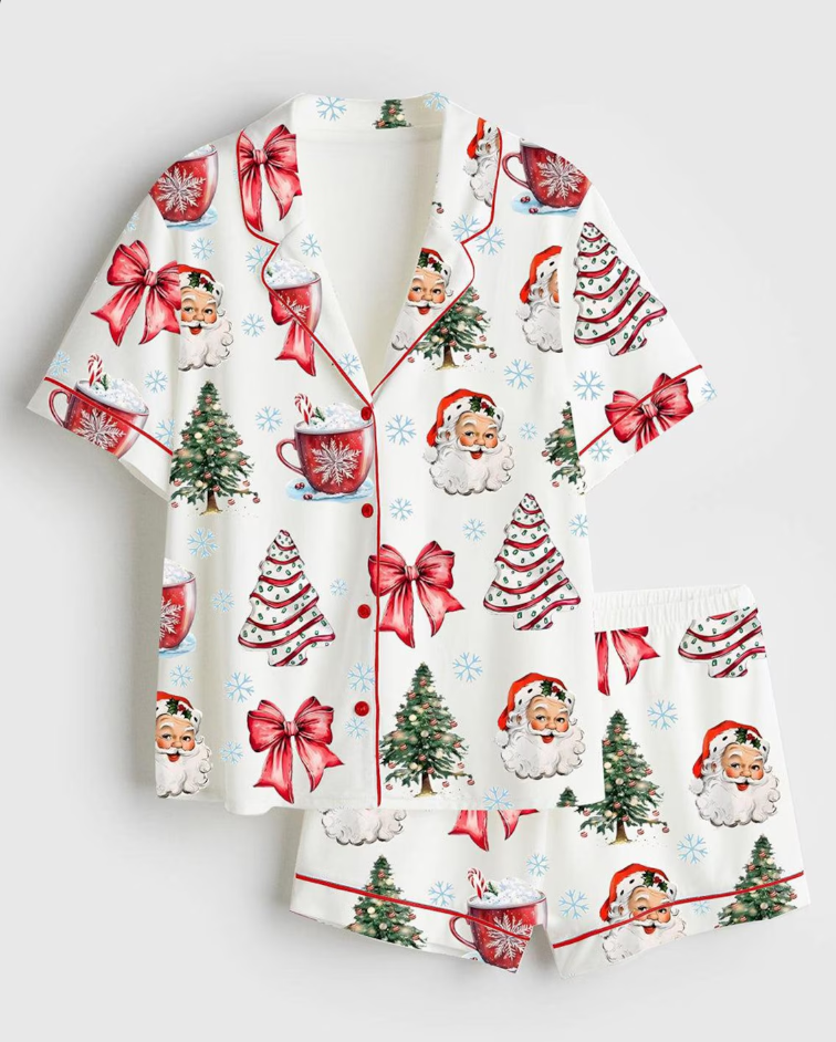 Coquette Christmas Satin Pajama Set, Christmas Santa Red Cup Tee Pajama Set, Holiday Hot Pajama, Pajama Nightwear Set for Her Women