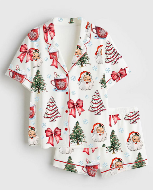 Coquette Christmas Satin Pajama Set, Christmas Santa Red Cup Tee Pajama Set, Holiday Hot Pajama, Pajama Nightwear Set for Her Women