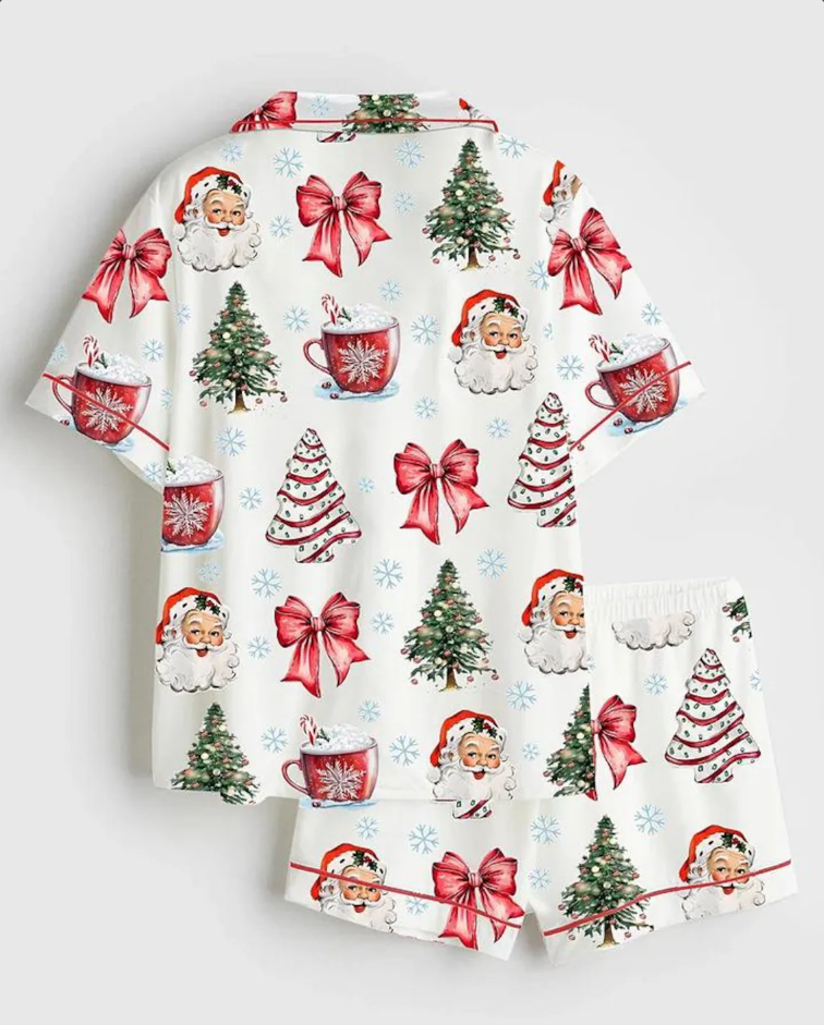 Coquette Christmas Satin Pajama Set, Christmas Santa Red Cup Tee Pajama Set, Holiday Hot Pajama, Pajama Nightwear Set for Her Women