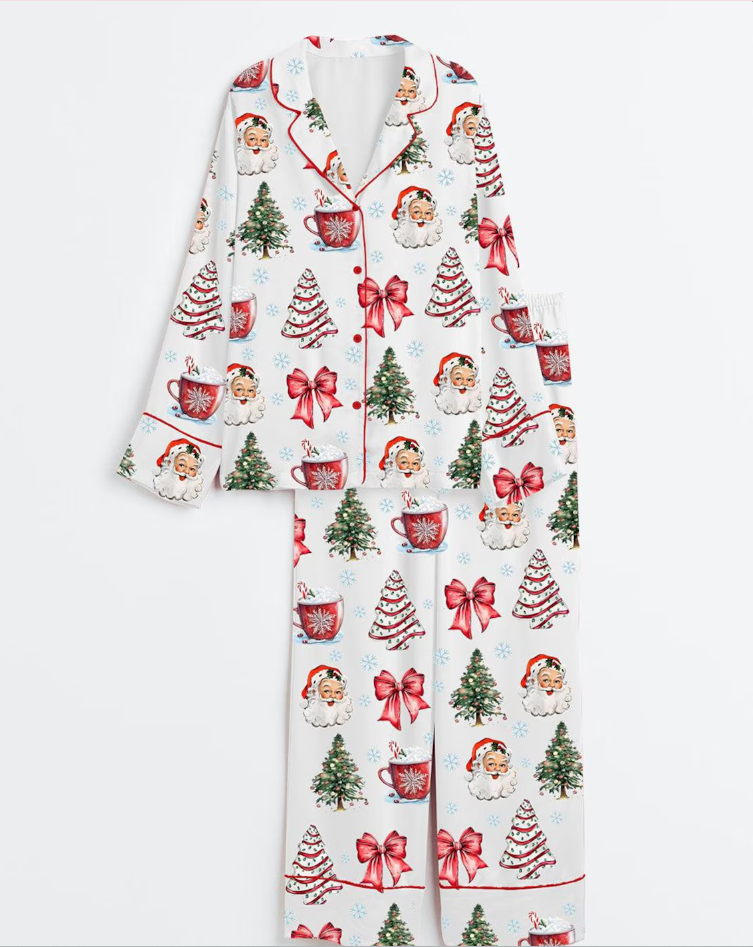 Coquette Christmas Satin Pajama Set, Christmas Santa Red Cup Tee Pajama Set, Holiday Hot Pajama, Pajama Nightwear Set for Her Women