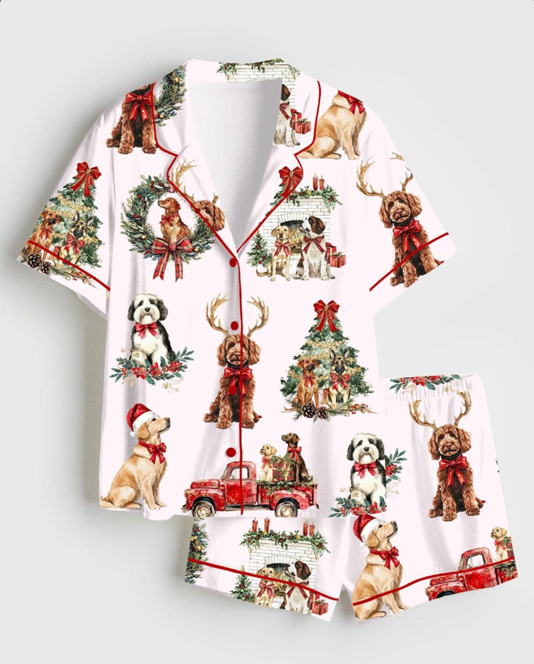 Classic Christmas Dog Satin Pajama Set, Short Sleeve Christmas Dog Noel Santa Pajama, Animal Sleepwear Gift For Women