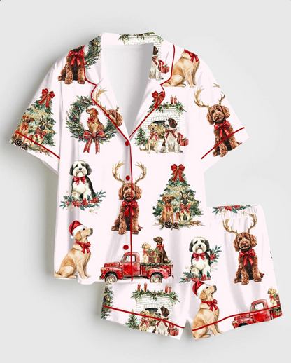 Classic Christmas Dog Satin Pajama Set, Short Sleeve Christmas Dog Noel Santa Pajama, Animal Sleepwear Gift For Women