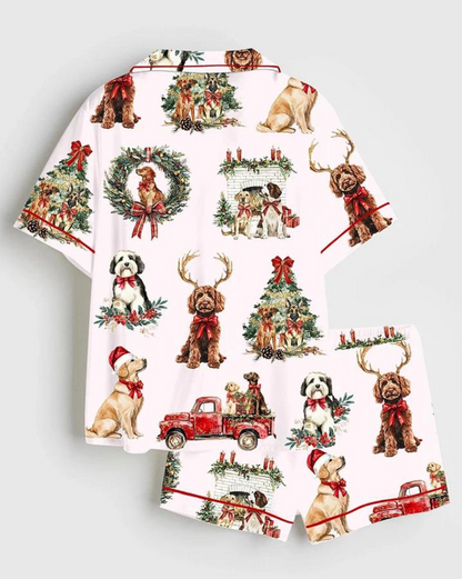 Classic Christmas Dog Satin Pajama Set, Short Sleeve Christmas Dog Noel Santa Pajama, Animal Sleepwear Gift For Women