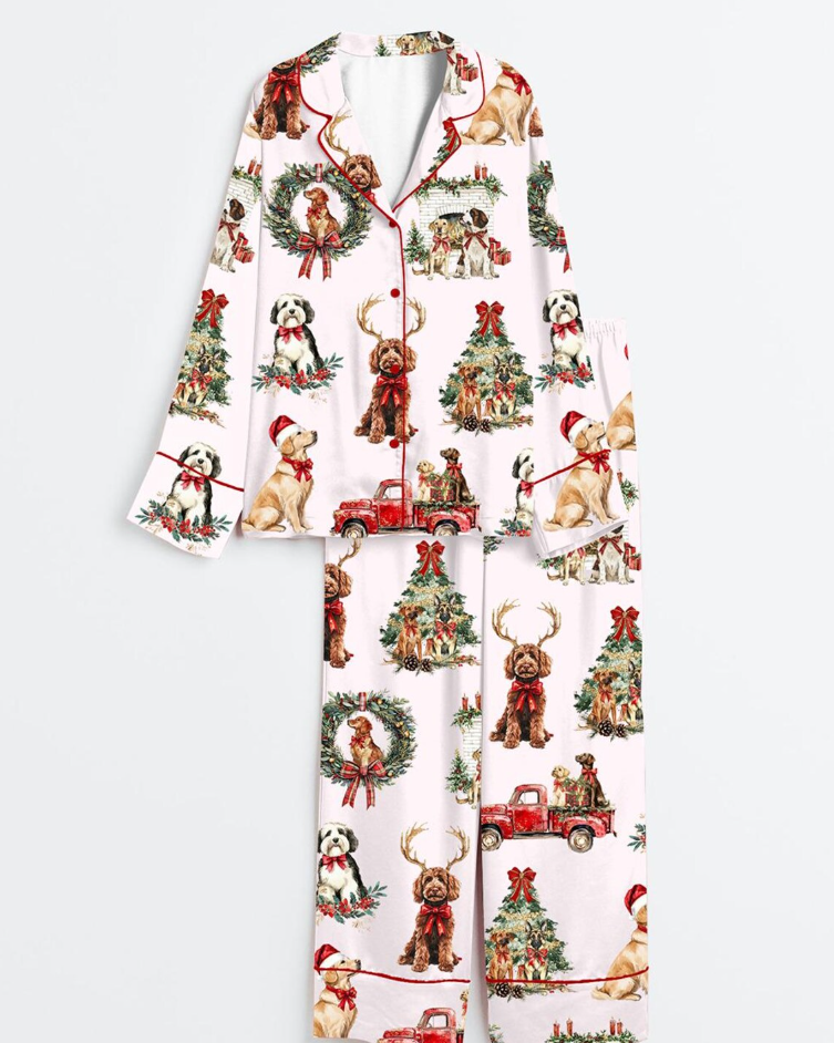 Classic Christmas Dog Satin Pajama Set, Short Sleeve Christmas Dog Noel Santa Pajama, Animal Sleepwear Gift For Women