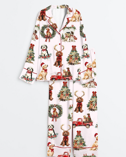 Classic Christmas Dog Satin Pajama Set, Short Sleeve Christmas Dog Noel Santa Pajama, Animal Sleepwear Gift For Women