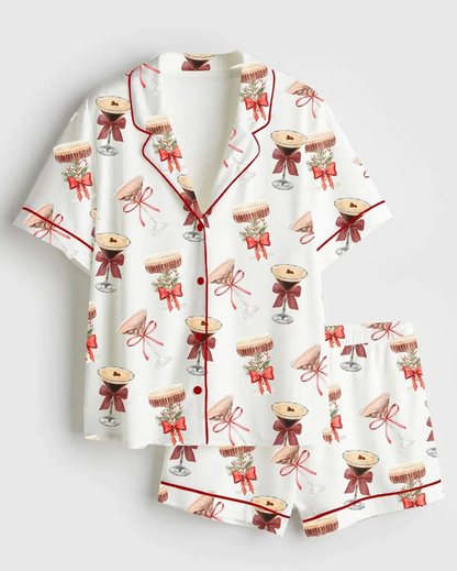 Espresso Martini Christmas Tini Time Social Club Martini Lover Satin Pajama Set, Christmas Espresso Martini Noel Santa, Sleepwear For Women