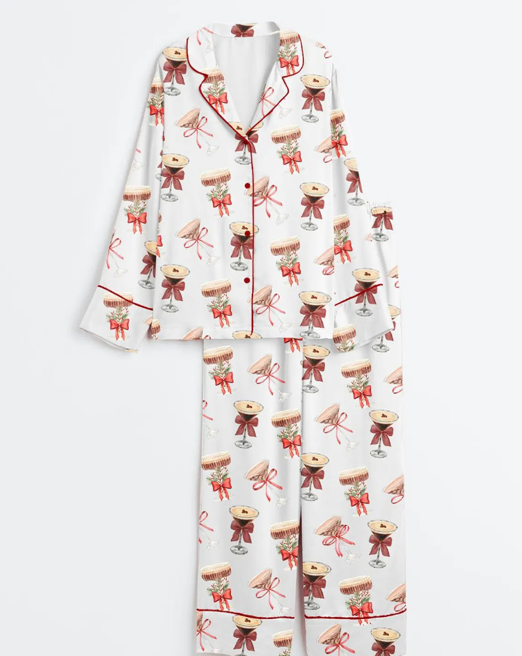 Espresso Martini Christmas Tini Time Social Club Martini Lover Satin Pajama Set, Christmas Espresso Martini Noel Santa, Sleepwear For Women