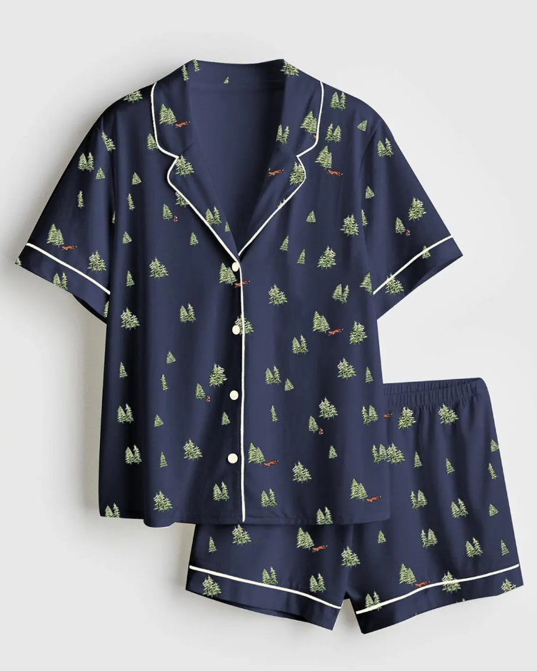 Women’s Satin Pajama Set, Christmas Tree Pajamas, Short Sleeve Holiday Pajamas, Winter Bride Sleepwear, Festive Pjs for Her, Pjs Christmas