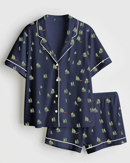 Women’s Satin Pajama Set, Christmas Tree Pajamas, Short Sleeve Holiday Pajamas, Winter Bride Sleepwear, Festive Pjs for Her, Pjs Christmas