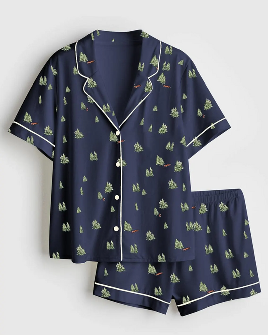 Women’s Satin Pajama Set, Christmas Tree Pajamas, Short Sleeve Holiday Pajamas, Winter Bride Sleepwear, Festive Pjs for Her, Pjs Christmas