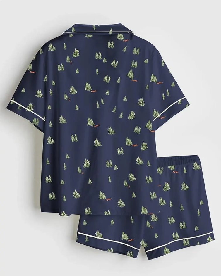 Women’s Satin Pajama Set, Christmas Tree Pajamas, Short Sleeve Holiday Pajamas, Winter Bride Sleepwear, Festive Pjs for Her, Pjs Christmas