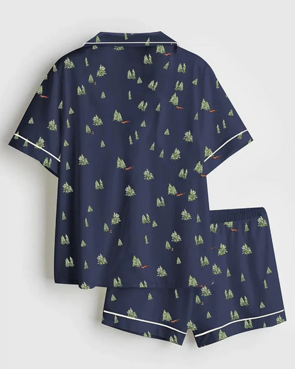 Women’s Satin Pajama Set, Christmas Tree Pajamas, Short Sleeve Holiday Pajamas, Winter Bride Sleepwear, Festive Pjs for Her, Pjs Christmas