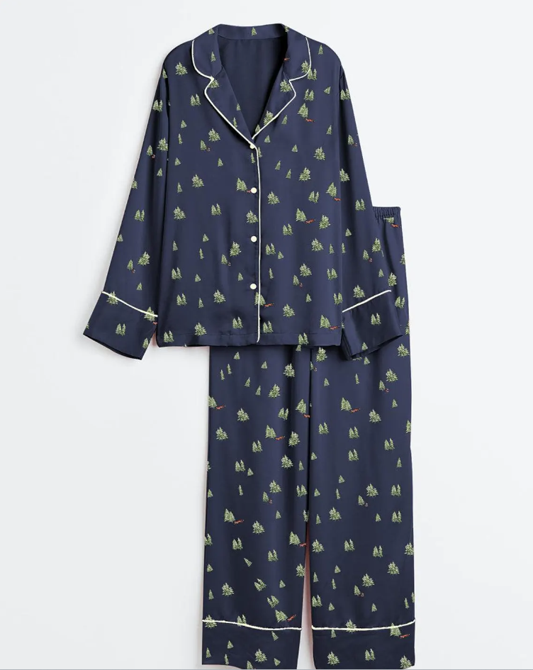 Women’s Satin Pajama Set, Christmas Tree Pajamas, Short Sleeve Holiday Pajamas, Winter Bride Sleepwear, Festive Pjs for Her, Pjs Christmas