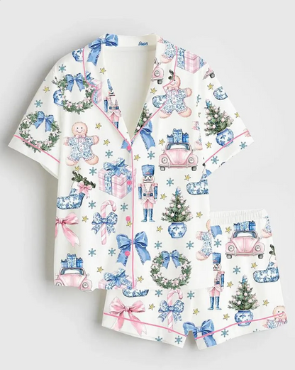 Coquette Chinoiserie Christmas Satin Pajama Set Santa Holiday Hot, Print Short Sleeve Pajama Set, Pajama Nightwear Set for Her Women