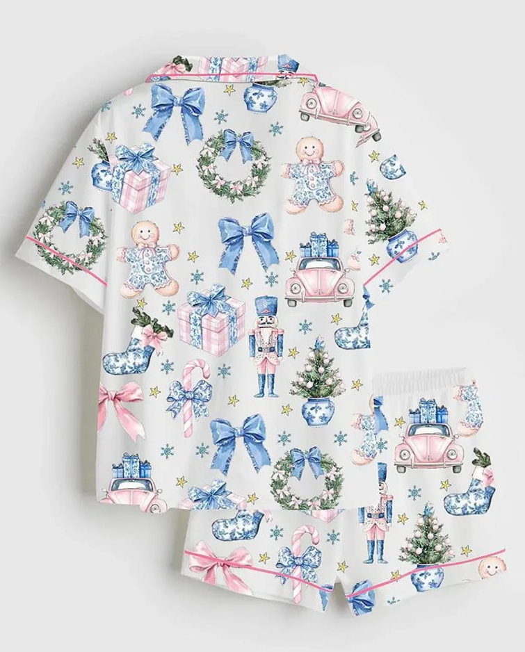 Coquette Chinoiserie Christmas Satin Pajama Set Santa Holiday Hot, Print Short Sleeve Pajama Set, Pajama Nightwear Set for Her Women