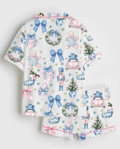 Coquette Chinoiserie Christmas Satin Pajama Set Santa Holiday Hot, Print Short Sleeve Pajama Set, Pajama Nightwear Set for Her Women