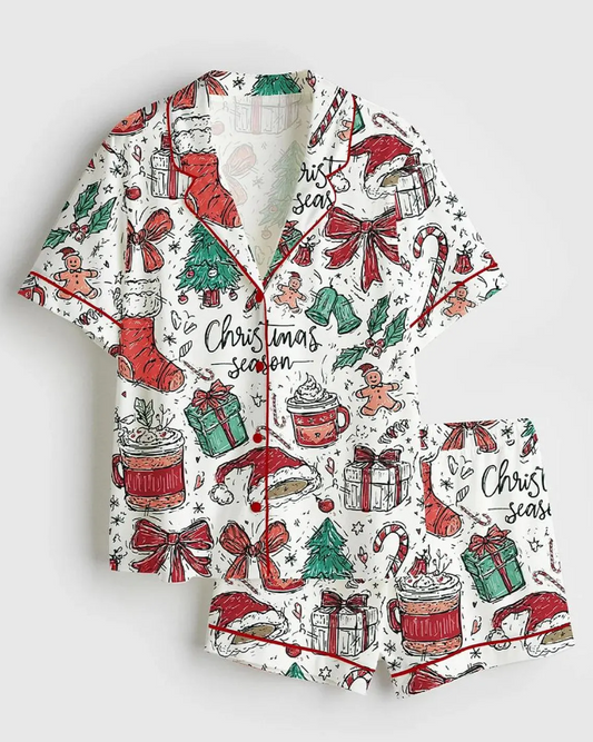 Coquette Christmas Bow Preppy Girly Christmas Season Satin Pajama Set, Short Sleeve Pajamas Santa Christmas Holiday Gift For Family Women