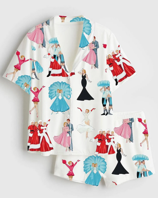 Party White Christmas Pajama Set, Noel Santa Christmas White Pjs Set Satin for Women