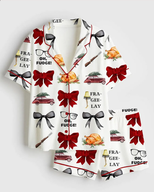 A Christmas Story Movie Satin Pajama Set, Short Sleeve Pajama Christmas Story, Film Brow Sleepwear Gift For Women