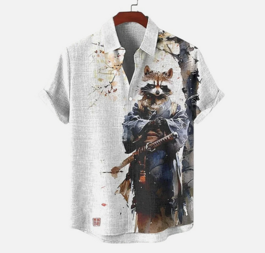 Men's Warrior Cat Art Linen Shirt 3D Plum Blossom Print Casual Hawaiian Shirt