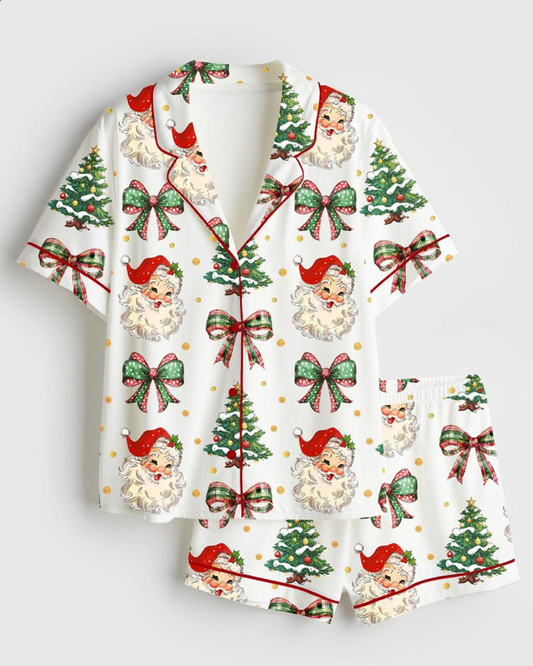 Christmas Tree On Gold Dots Coquette Christmas Santa Short Sleeve Satin Pajama Set, Coquette Pajama Party, Christmas Sleepwear For Women