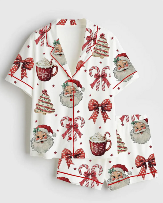 Coquette Christmas Short Sleeve Satin Pajama Set, Christmas Santa Cup Coquette Pajama Party, Nightwear Gift For Women Retro Shirt