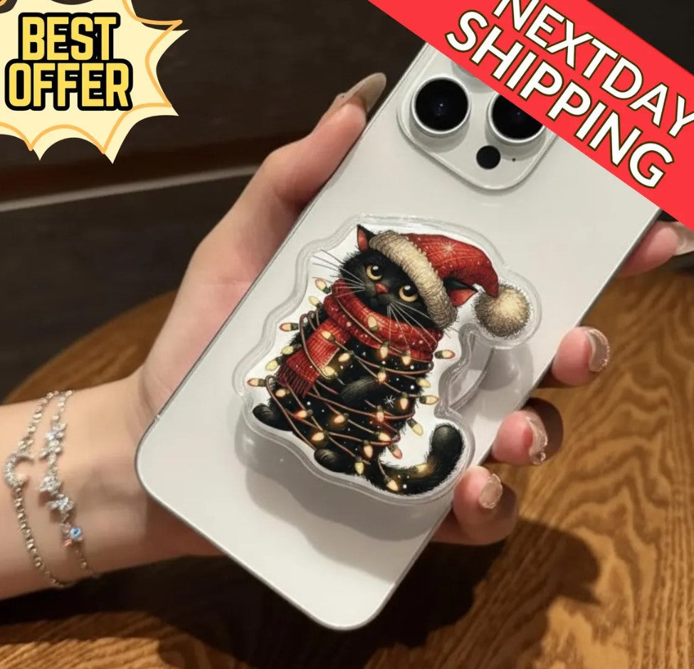 Christmas Cat Magnetic Phone Holder: Cute Black Cat with Christmas Lights Phone Grip, Kawaii Holiday Phone Holder, Gift for Cat Lovers
