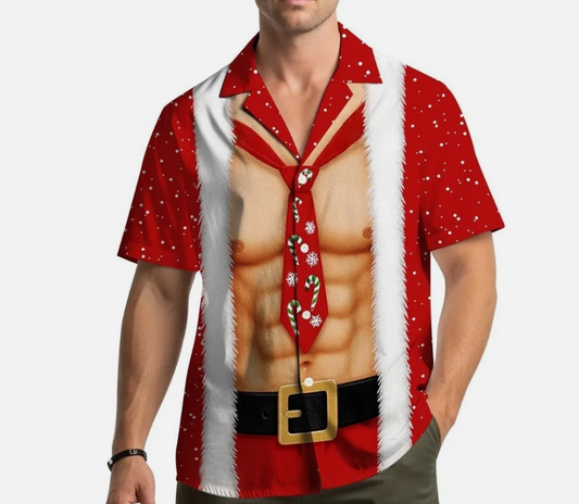 Muscle Santa Costume Christmas Hawaiian Shirt for Men, Funny Holiday Shirt