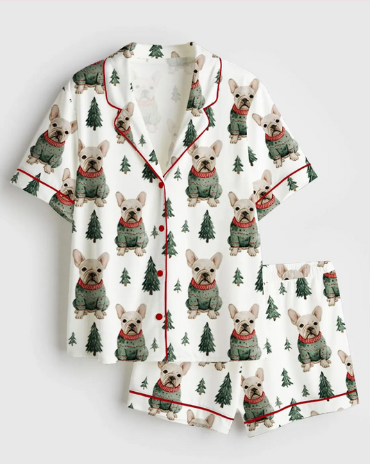 French Bulldog Christmas Sweater Short Sleeve Satin Pajama Set, Pajama Bulldog, Pajama Nightwear Set for Her Women, Pajama Christmas Cute