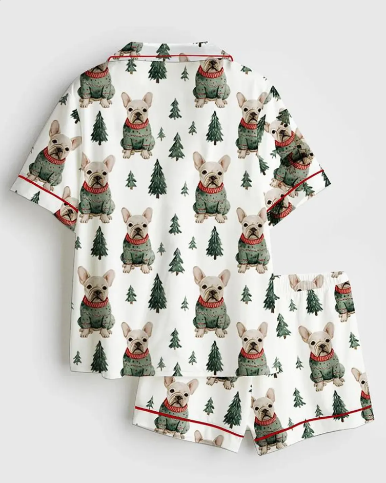 French Bulldog Christmas Sweater Short Sleeve Satin Pajama Set, Pajama Bulldog, Pajama Nightwear Set for Her Women, Pajama Christmas Cute