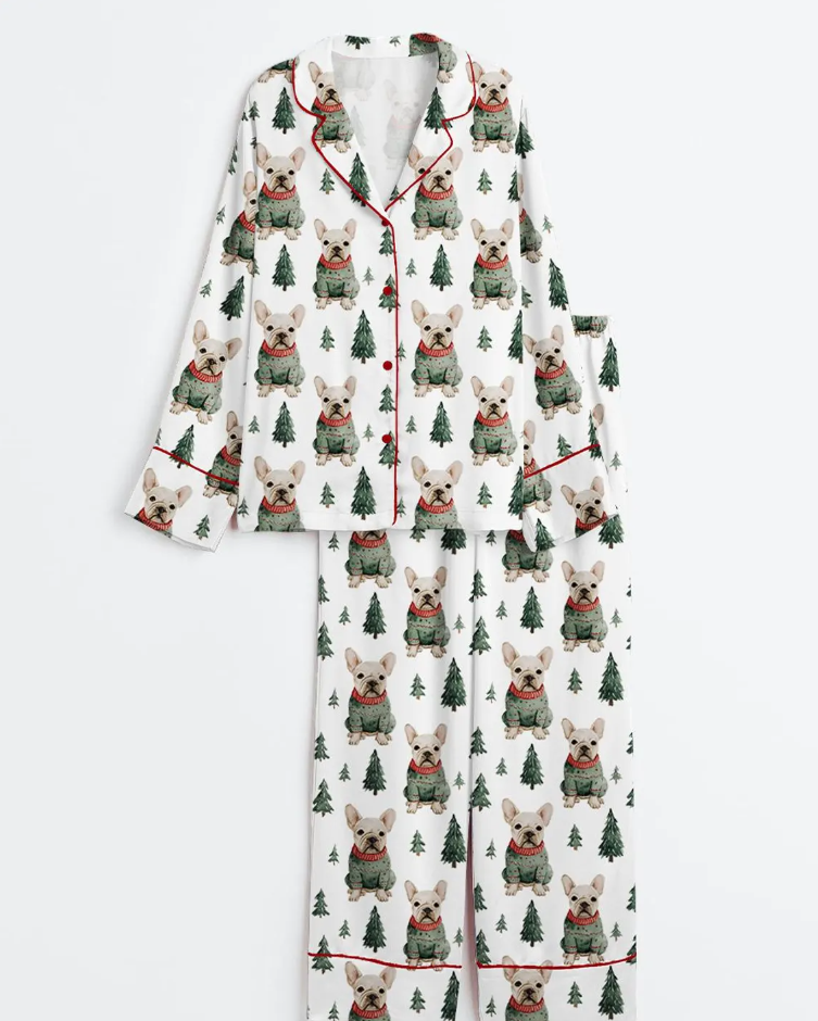 French Bulldog Christmas Sweater Short Sleeve Satin Pajama Set, Pajama Bulldog, Pajama Nightwear Set for Her Women, Pajama Christmas Cute
