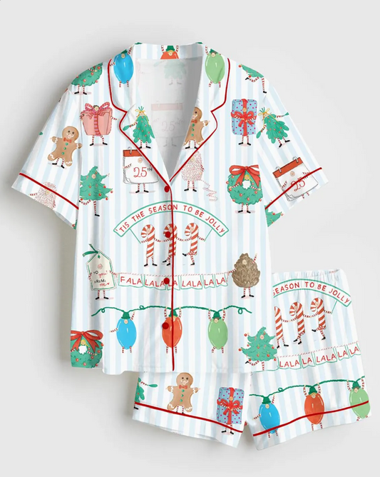 Women’s Tis The Season To Be Jolly Christmas Festive Holiday Jolly Season Short Sleeve Satin Pajama Set, Pajama Noel, Pajama For Women's