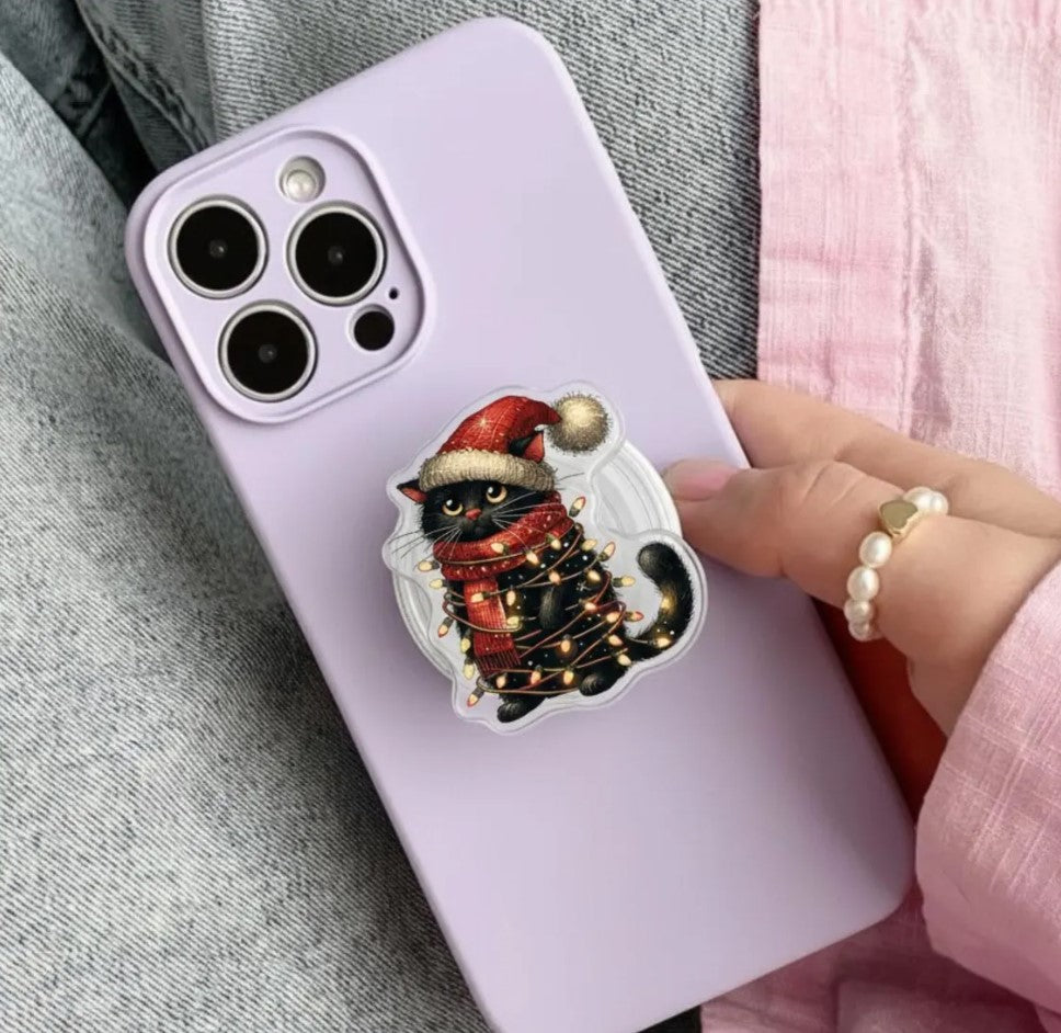 Christmas Cat Magnetic Phone Holder: Cute Black Cat with Christmas Lights Phone Grip, Kawaii Holiday Phone Holder, Gift for Cat Lovers