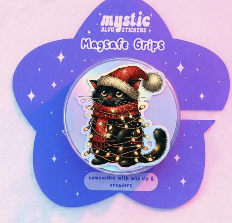 Christmas Cat Magnetic Phone Holder: Cute Black Cat with Christmas Lights Phone Grip, Kawaii Holiday Phone Holder, Gift for Cat Lovers