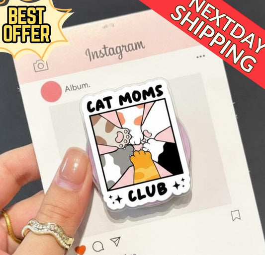 Cat Moms Club Magnetic Phone Grip: Cute Cat Lover Popgrip with Paw Print Design, Fun Animal Lover Accessory, Perfect Gift for Cat Moms